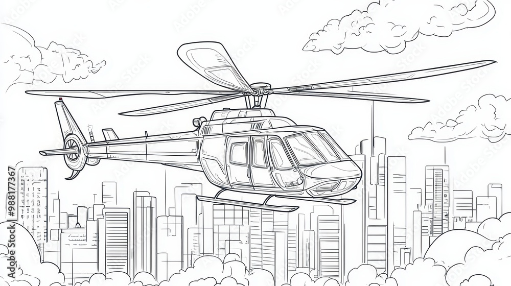 Fototapeta premium Helicopter Flying Over City Skyline