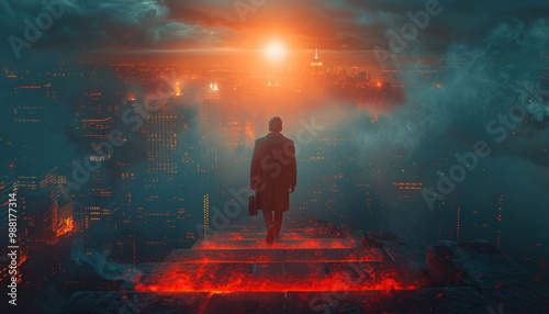 Man Walking Towards Burning Cityscape