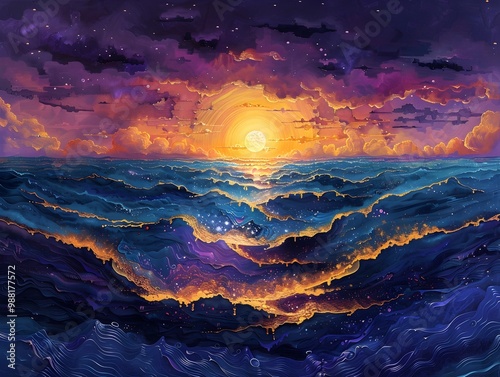 Surreal Panorama of a Fantasy Financial Landscape Glowing in Twilight Hues