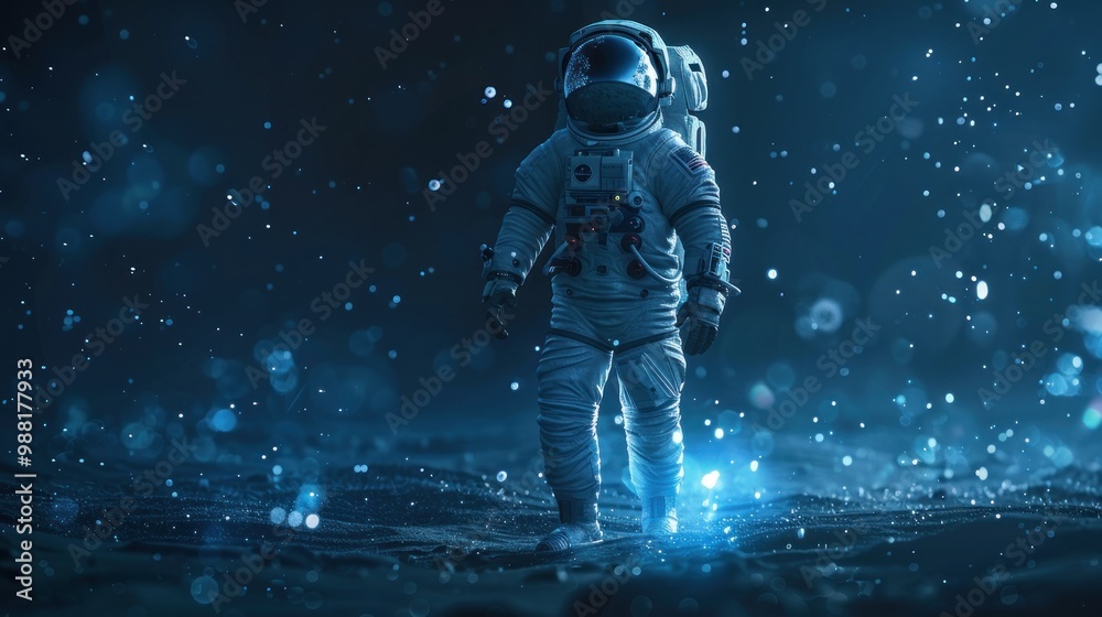 Obraz premium Astronaut in glowing spacesuit with reflective helmet dark blue background AI generated image