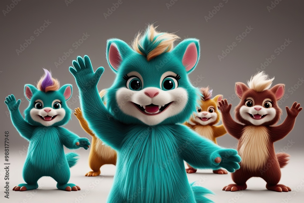 Vibrant Teal Furry Creatures Dancing and Waving 3D Render Cartoon Character Set Vibrant Teal Furry Creatures Dancing and Waving 3D Render Cartoon Character Set