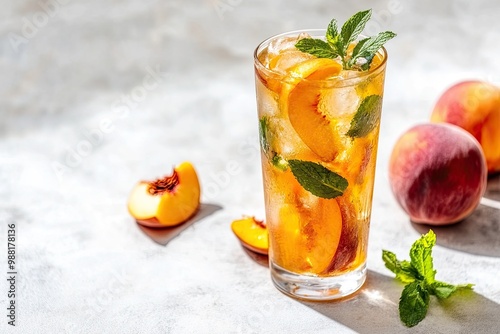 Refreshing peach ice and mint tea. Vegan homemade cold summer drink on tall glass on a light background with fresh fruits and shadows. Front view and free space for text