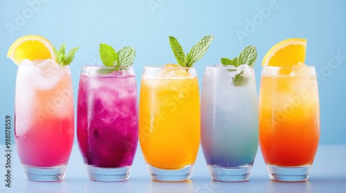 Five glasses of colorful drinks adorned with mint and citrus, arranged neatly against a light blue backdrop