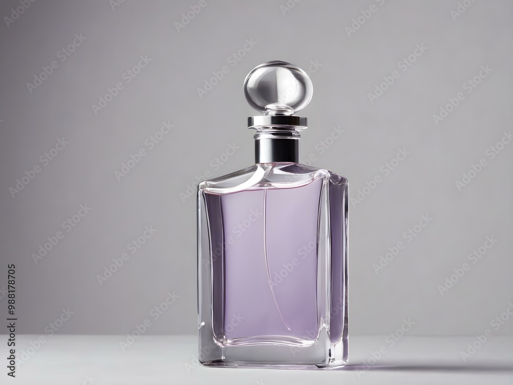 A minimalist glass perfume bottle with a lavender-colored liquid against a pale gray background A minimalist glass perfume bottle with a lavender-colored liquid against a pale gray background