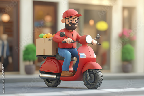 caracter cartoon 3d Delivery man riding motorcycle transportation cardboard