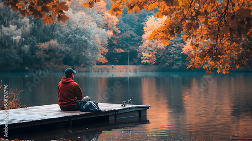 A fisherman sitting on a dock cleaning his gear beside a tranquil lake  photo