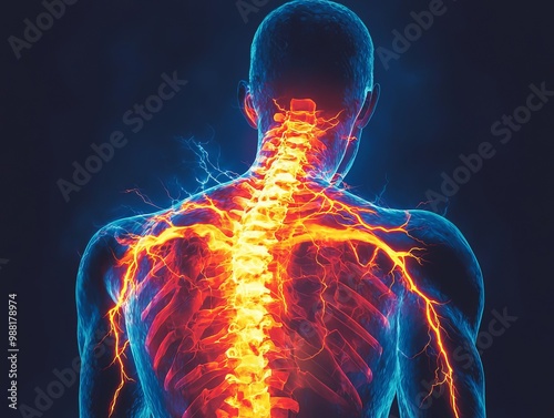 Digital illustration of a glowing spine and nerves on a dark background. photo