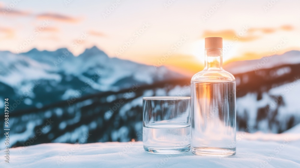 A vodka bottle and a glass sit on the snow, overlooking stunning mountain vistas during a serene sunset A vodka bottle and a glass sit on the snow, overlooking stunning mountain vistas during a serene sunset