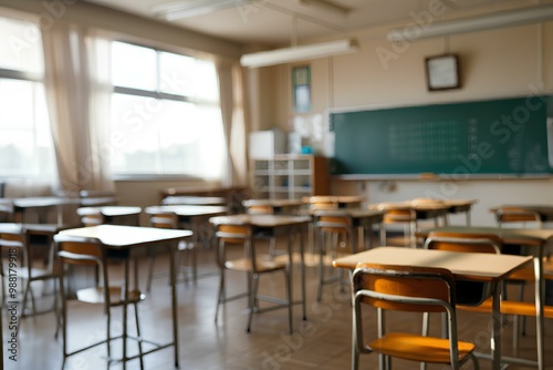 ぼやけた教室。子供がいない教室。背景素材｜Blurred classroom.Classroom with no children, no focus.