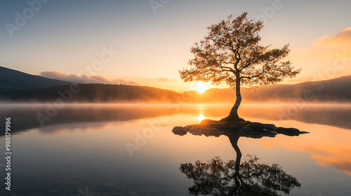 A lone tree standing by a glassy lake with the sun rising behind it photo