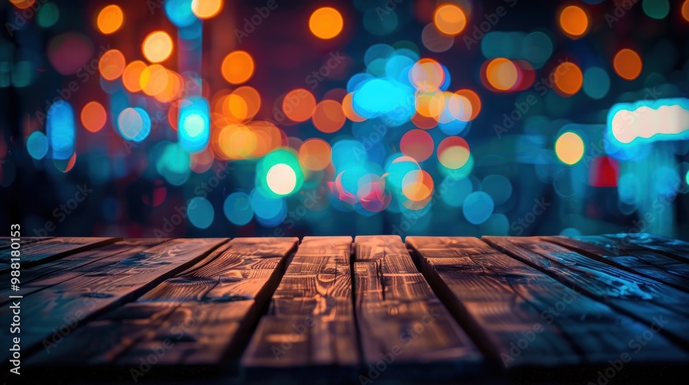 Blurred bokeh lights background with an empty wooden Table at night as a focal point Blurred bokeh lights background with an empty wooden Table at night as a focal point