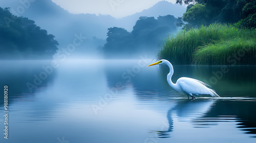 In the calm waters of Dabie Mountain, an elegant white bird gracefully glides over its surface photo