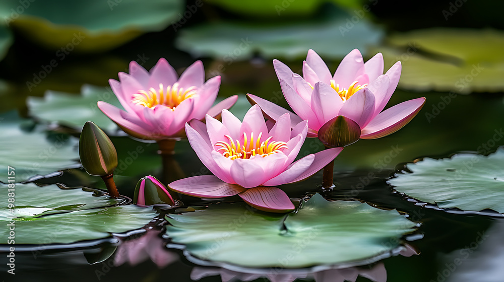 small pond, lily pads with lotus flowers small pond, lily pads with lotus flowers