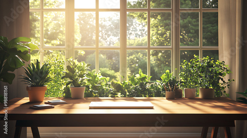 Nature-inspired workspace, large window showing a beautiful garden or forest outside