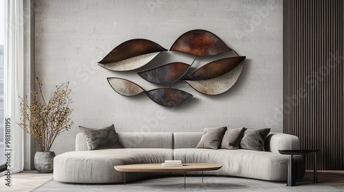 Modern Minimalist Living Room with Abstract Metal Wall Art