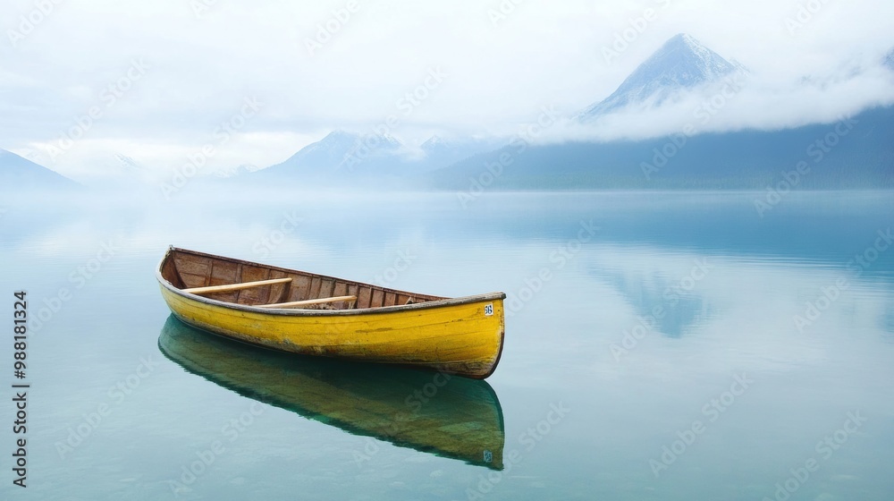 A lone wooden rowboat drifts on a tranquil mountain lake, reflecting the stillness of early morning and mist-covered mountains A lone wooden rowboat drifts on a tranquil mountain lake, reflecting the stillness of early morning and mist-covered mountains