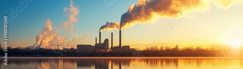 Industrial Sunset with Smoke Stacks and River Reflection