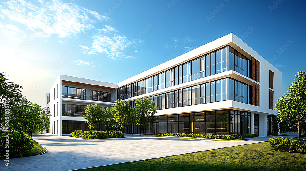 modern architecture building, blue sky and few trees in the background modern architecture building, blue sky and few trees in the background