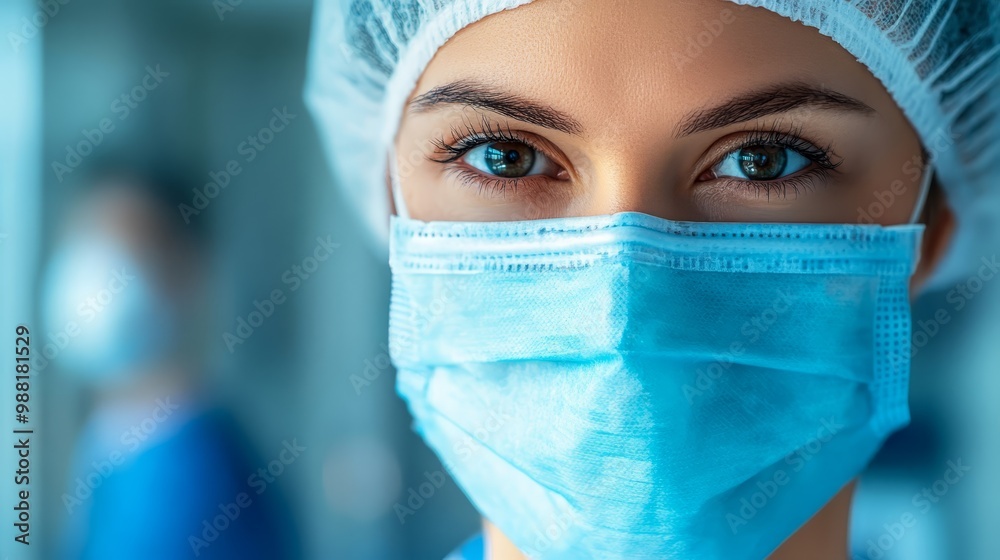 Close Up Of Female Doctor Wearing Medical Mask And Cap Close Up Of Female Doctor Wearing Medical Mask And Cap