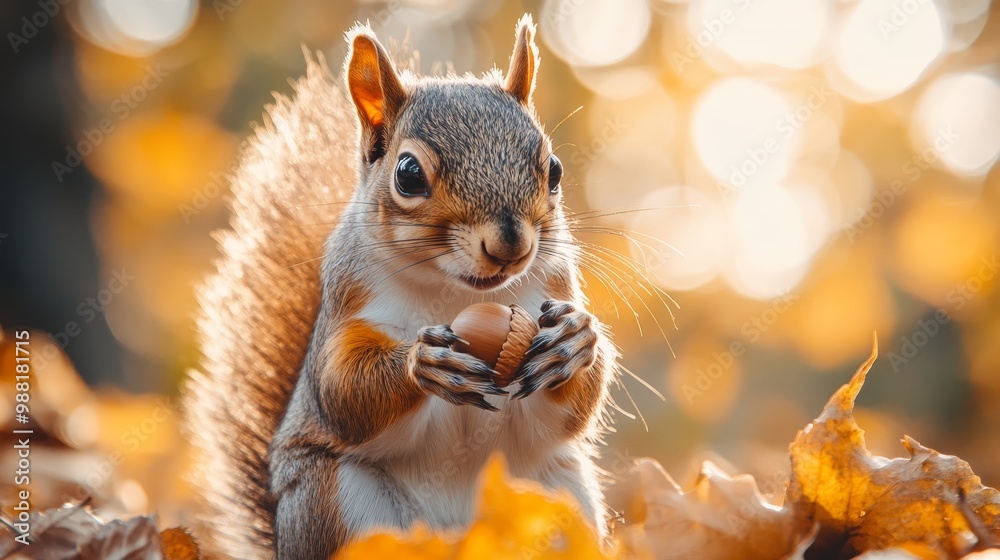 Cute Squirrel Holding Acorn in Autumn Leaves Cute Squirrel Holding Acorn in Autumn Leaves