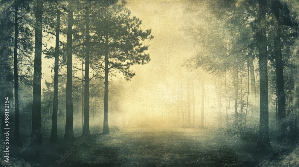 Naklejka premium Misty Forest Path with Sunlight Through Trees