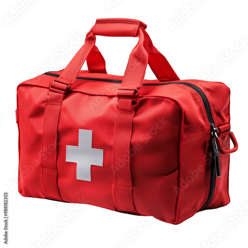 Red medical bag for storing first aid equipment, used to help people who have accidents in various situations.