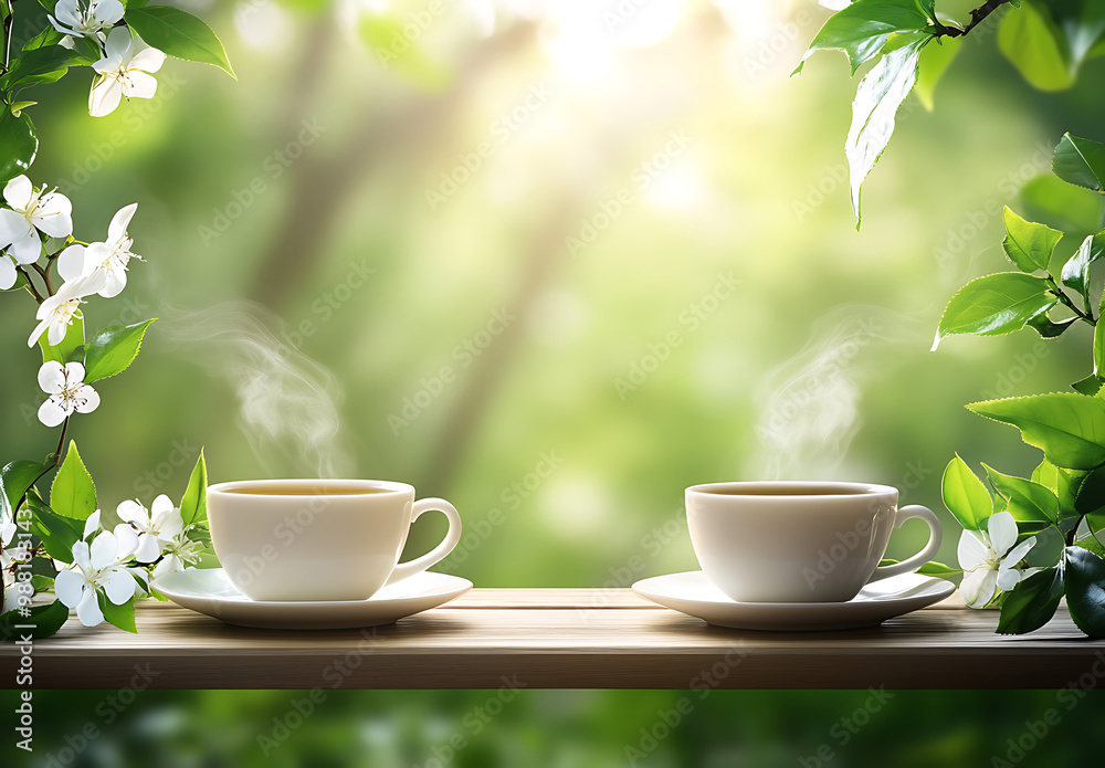 two cups of green tea, with steam rising from the top and delicate white teacups placed on wooden tables