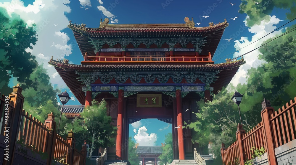 anime background of the gate to the city