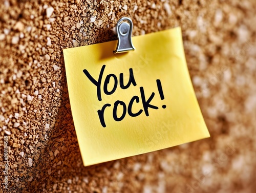 A close-up of a yellow sticky note pinned to a corkboard with a metallic clip, featuring the handwritten message 