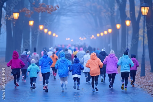 Foggy Morning Run: A vibrant group of runners in colorful attire navigate a misty path, their determination shining through the fog, capturing the essence of resilience and community spirit. 