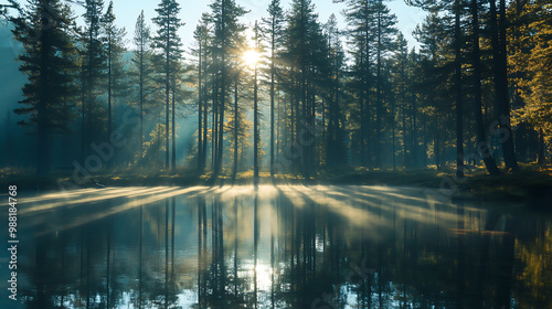 Tall pine trees casting long shadows over a serene lake at dawn  photo