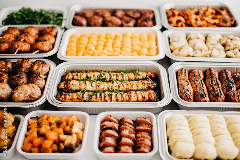 A vibrant assortment of delicious dishes arranged in containers, showcasing various appetizers and entrees perfect for any gathering. A vibrant assortment of delicious dishes arranged in containers, showcasing various appetizers and entrees perfect for any gathering.