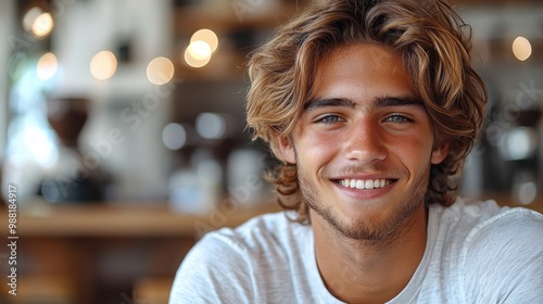 Happy Young Man Smiling in Cafe