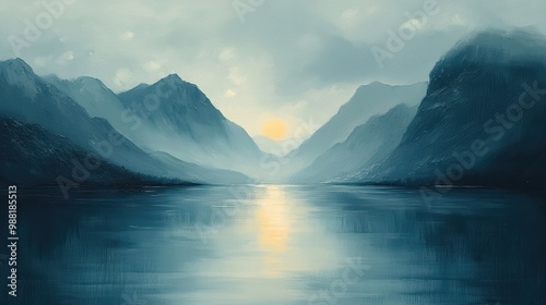 Blue Mountain Landscape with Sunset Reflection on Water