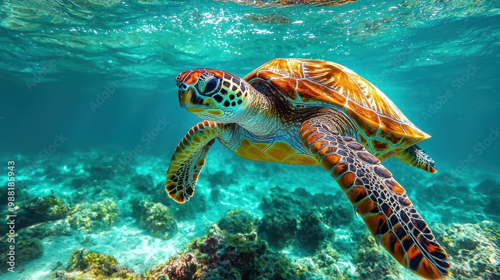 Obraz premium Sea Turtle Swimming Underwater in Tropical Ocean