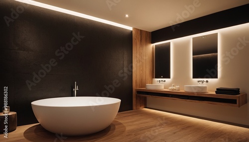 Modern minimalist bathroom with round mirror and long wood planks 27