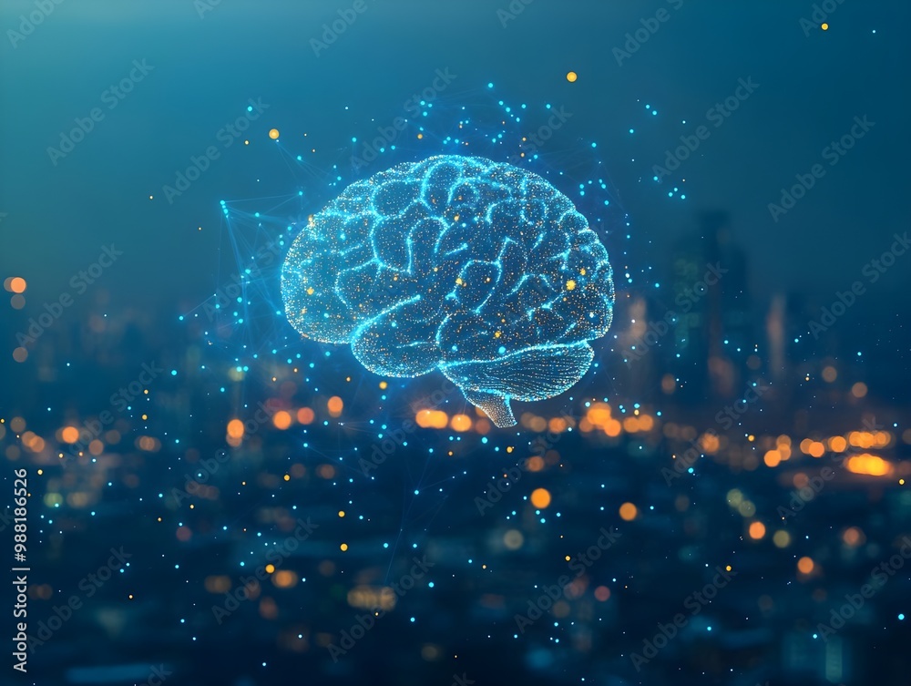 Digital brain concept visual over city lights Digital brain concept visual over city lights