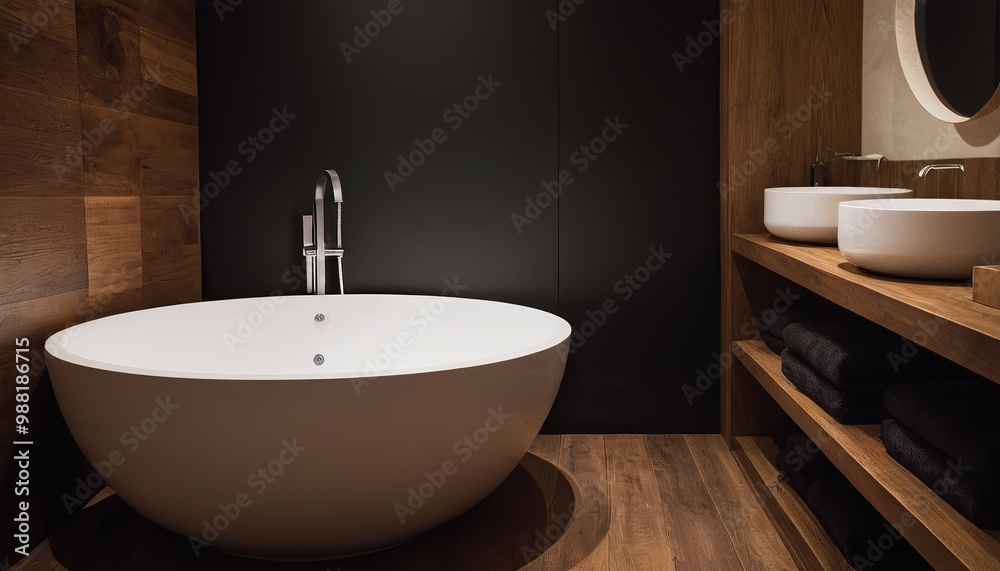 Fototapeta premium Luxurious dark bathroom moody lighting deep wood tones sleek modern design freestanding bathtub floa 9