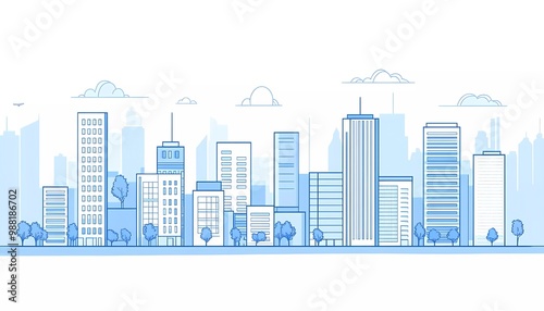 A simple line art illustration of city buildings, in a flat design with blue and white colors, on an isolated background, in a vector style