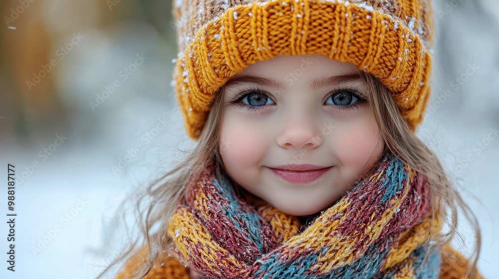Adorable Little Girl Wearing Yellow Knit Hat and Scarf in Winter Adorable Little Girl Wearing Yellow Knit Hat and Scarf in Winter
