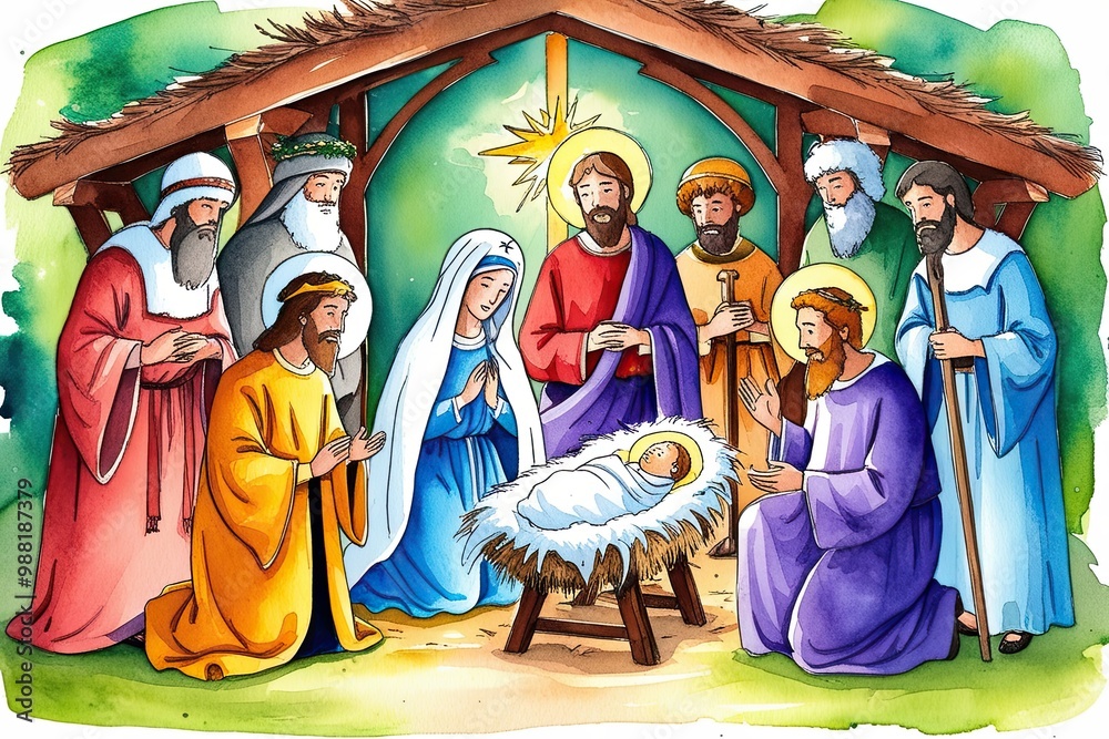 Obraz premium Vibrant Watercolor Nativity Scene Illustration with Virgin Mary Newborn Jesus and Joseph for Holiday Celebration Cards