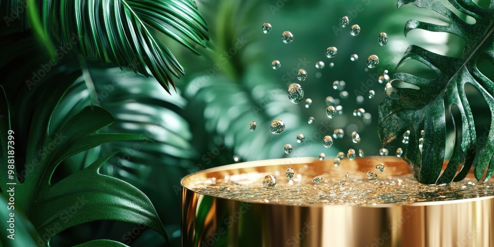 Refreshing bubbles in a golden bowl surrounded by lush greenery Refreshing bubbles in a golden bowl surrounded by lush greenery