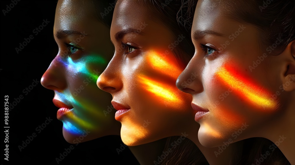 Faces illuminated by colorful light patterns