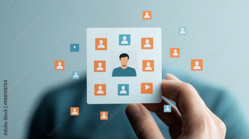 A hand holding a digital interface showing user profiles, representing connectivity and networking in the digital age. A hand holding a digital interface showing user profiles, representing connectivity and networking in the digital age.