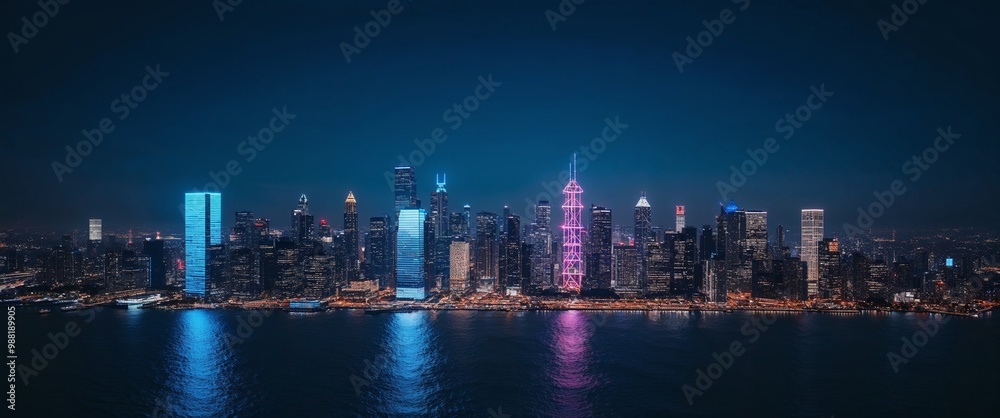 Naklejka premium Cityscape on dark blue background with bright glowing neon. 