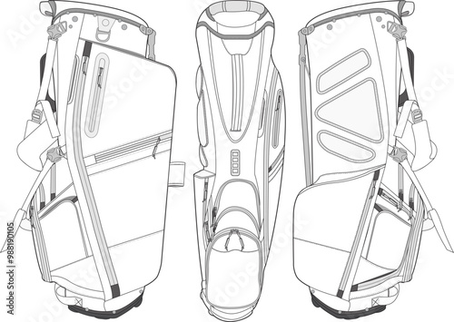 Golf Bag Technical Illustration Mock-up Template for Design and Tech Packs Front Back and Side Views	