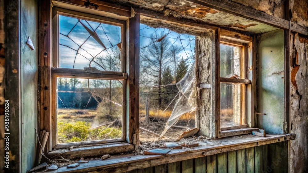 Window with broken glass in an old abandoned house , broken, damaged, shattered, glass, window, old, abandoned, run-down Window with broken glass in an old abandoned house , broken, damaged, shattered, glass, window, old, abandoned, run-down