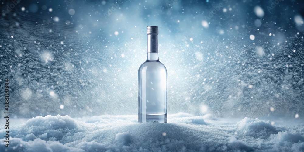 Sleek vodka bottle with a blank label mockup amidst a snowstorm and ice crystals, perfect for wintry branding Sleek vodka bottle with a blank label mockup amidst a snowstorm and ice crystals, perfect for wintry branding