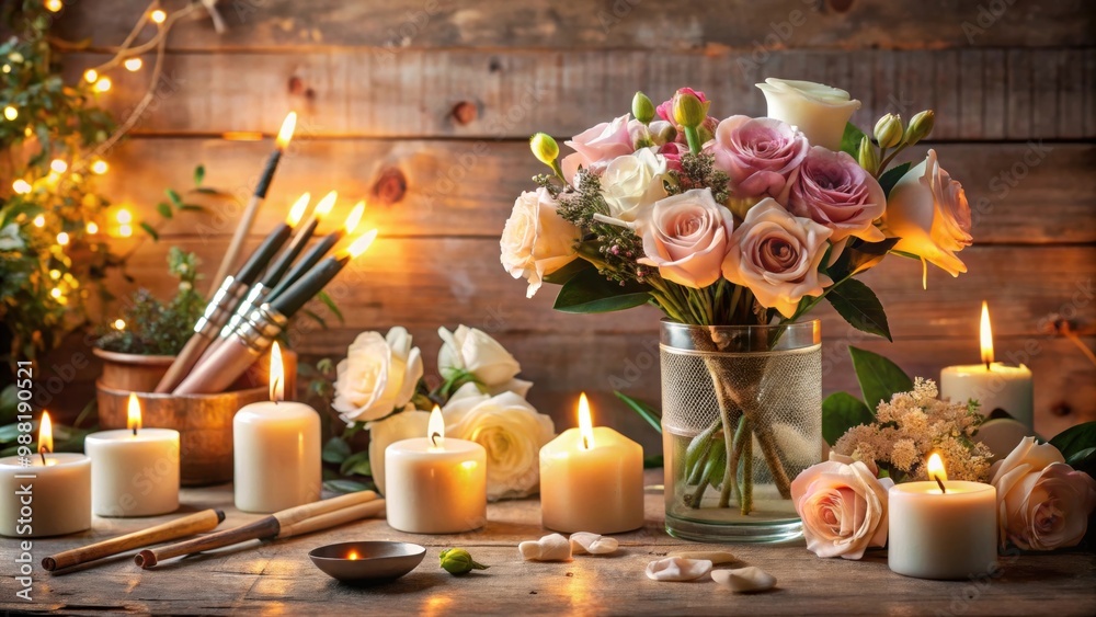 Obraz premium Romantic setting with flowers, candles, brushes, and decorations , love, romance, props, passion, Valentine's Day