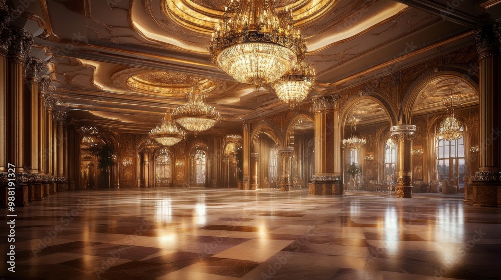 Obraz premium A grand ballroom with ornate chandeliers, marble floors, and gold accents.